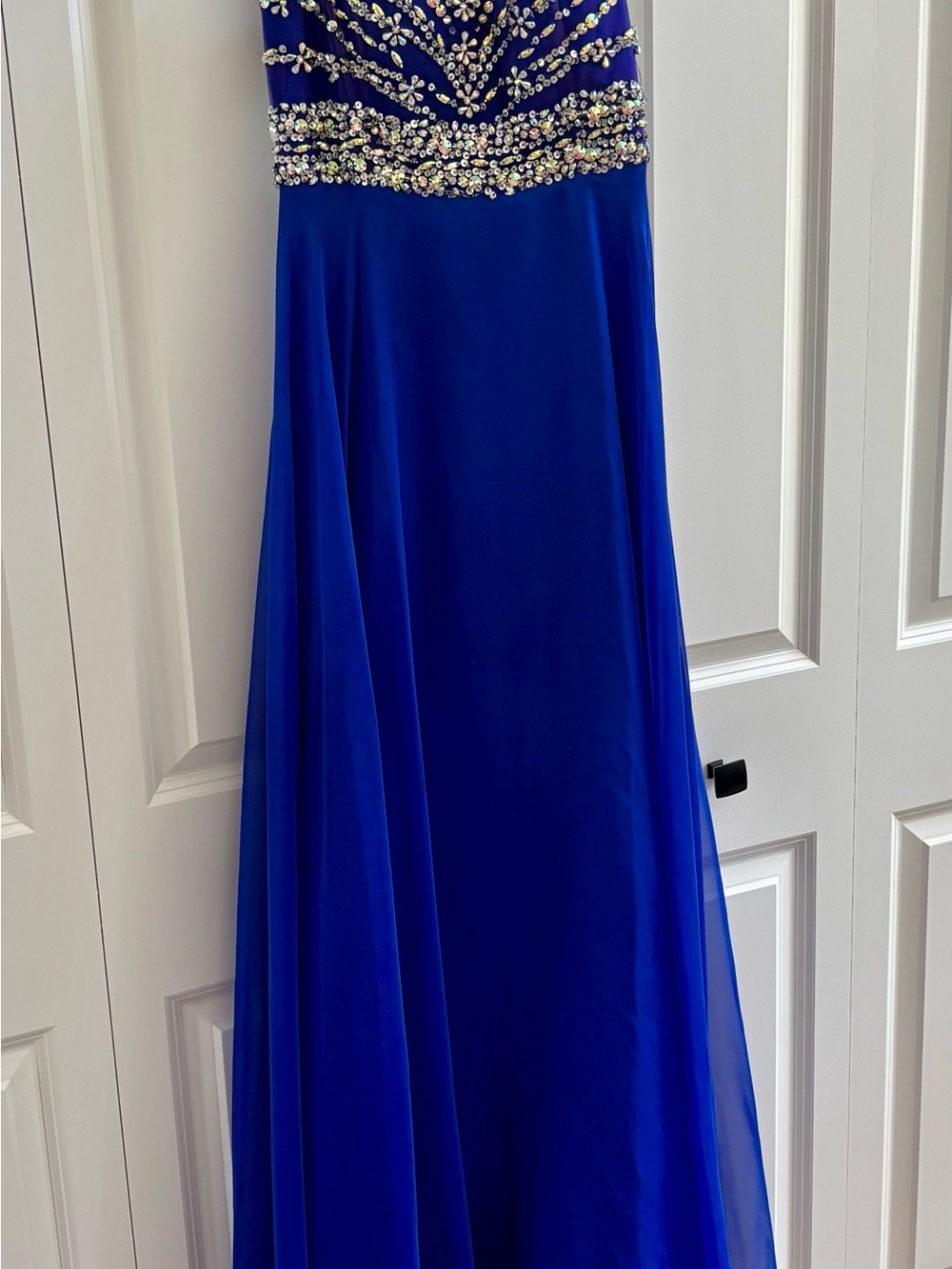 Sapphire Blue Maxi Dress with Crystal-Embellished Waist